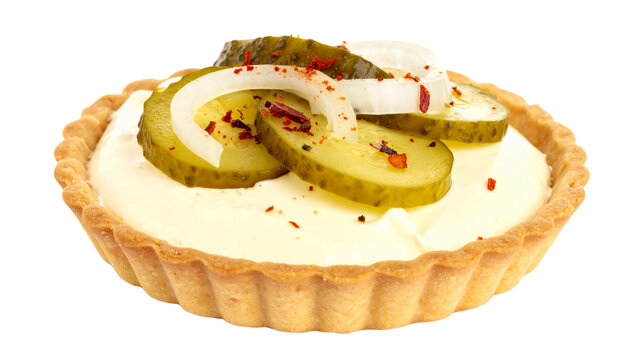 Savory Tart with Cream Cheese, Pickles, Onion, and Chiliked isolated on solid white background 4