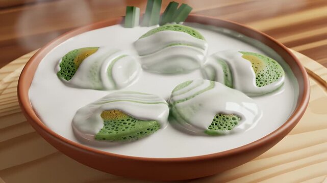 Close-up Of Green Serabi Kuah Coconut Milk Dessert Served In Bowl With Pandan Leaves Steam Rising Seamless Loop