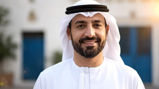 Smiling Emirati man in traditional white thobe and keffiyeh headdress posing outdoors, looking at the camera