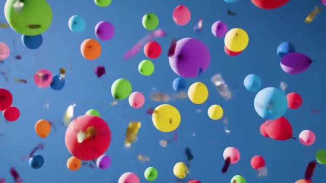 Colorful balloons float freely against a clear blue sky, conveying joy.