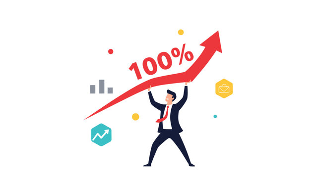 Determined businessman proudly lifting a large red upward-pointing arrow marked "100%," symbolizing significant business growth and absolute success.