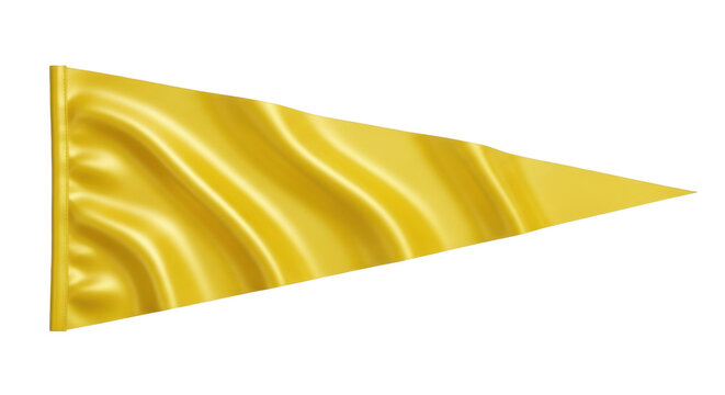 Isolated bright golden flag on pole with wavy folds, pennant or triangular banner, signal