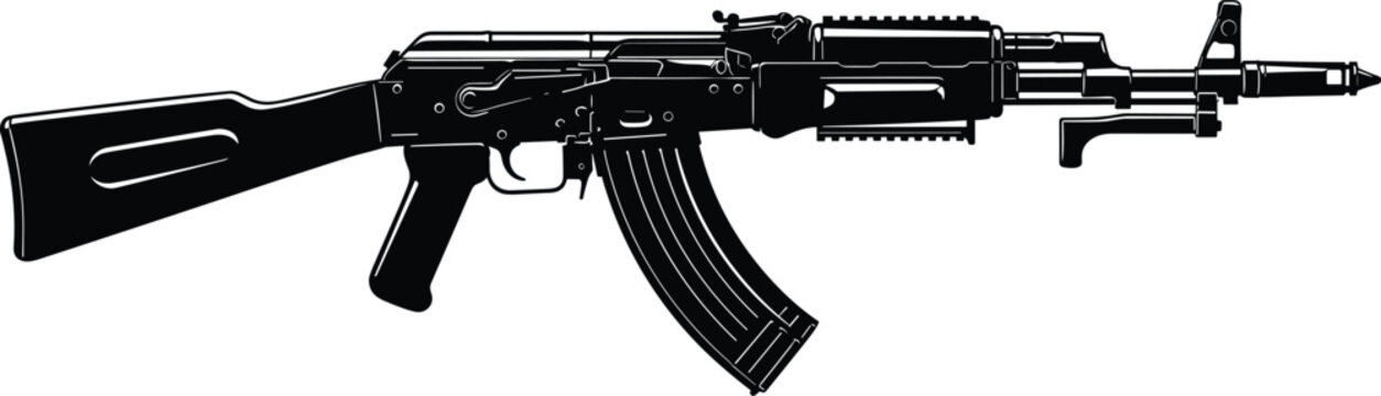 Black and white vector illustration of a modern assault rifle automatic weapon isolated on white background for military and gaming