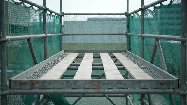 Construction Scaffolding Platform with Green Safety Netting Against Overcast Sky Viewed From Inside Looking Out