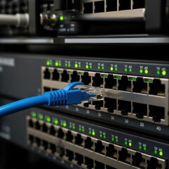 Network Switch with Blue Ethernet Cable Connection in Data Center.