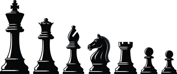 Black chess piece silhouettes including king queen bishop knight rook and pawn isolated on white background for strategy and competition vector © MD