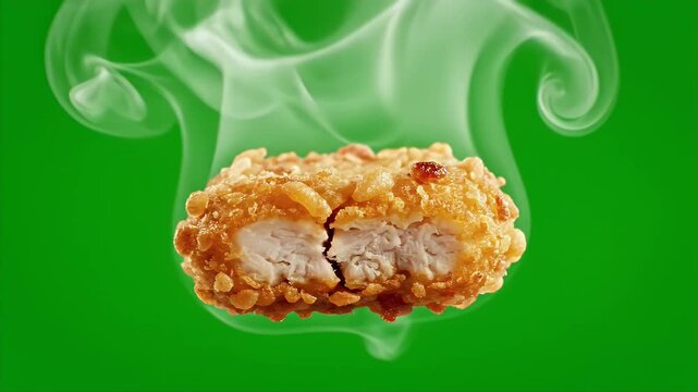 Crispy Golden Chicken Nugget Steam Rising Isolated Green Screen Background Delicious Food Product Advertisement Looped Animation