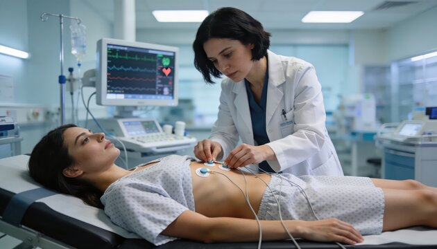 Doctor Attaches EKG Electrodes to Patient in Hospital Bed