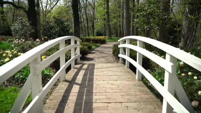 White bridge over a brick path in a garden blooming with yellow tulips.