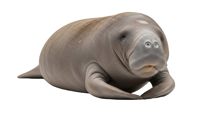 Isolated, adorable manatee on display, close-up, aquatic mammal with bulbous nose, wrinkly skin