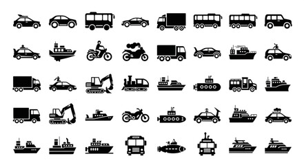 A collection of various transportation vehicle icons in black and white. © Rendi