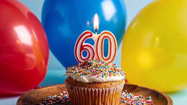 A cupcake with 60th birthday candle on a plate with colorful balloons