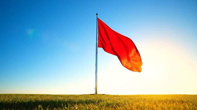 A red flag waves on a pole in a green field at sunset