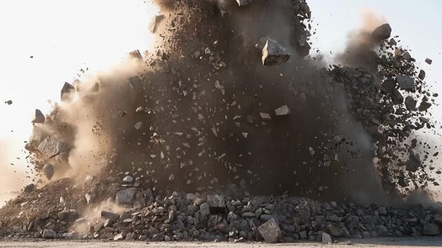 Massive Rock and Debris Collapse with Explosive Dust Cloud on Construction Site - Dramatic Impact