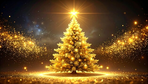 A golden Christmas tree shines brightly with a star on top