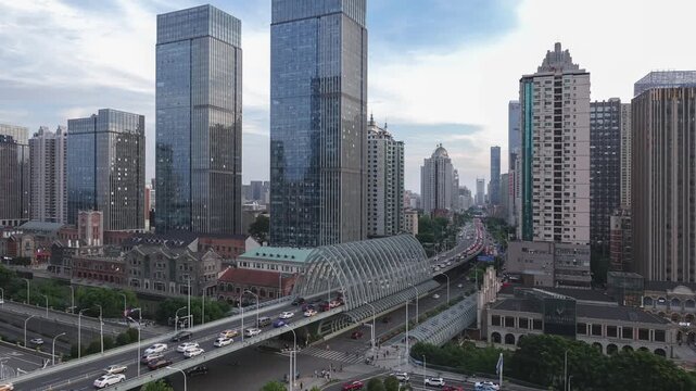 Chicago Downtown Skyline with Millennium Park Aerial View