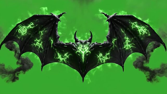 Demonic Black Wings Forming From Dark Smoke With Green Energy Sparks Against A Vibrant Green Screen Background With Intricate Rune Patterns Visible