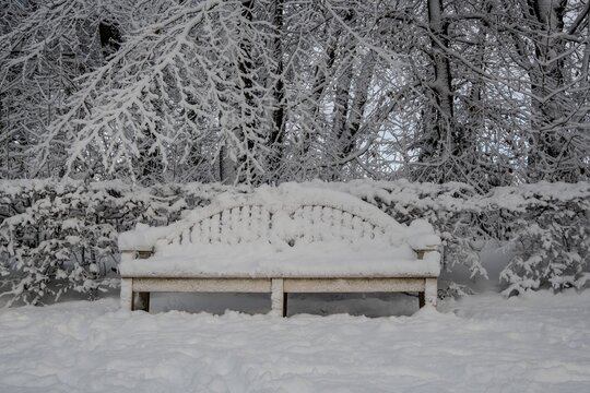 A bench in Hamburg, Germany, covered in snow.