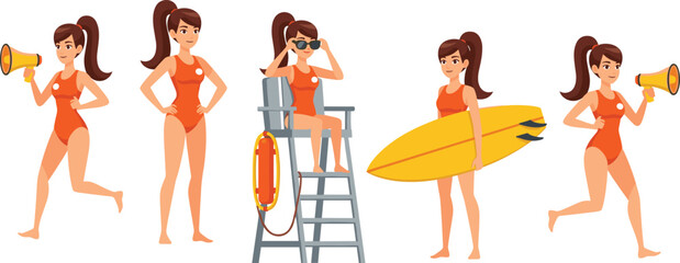 Female lifeguard character set with surfboard megaphone lifebuoy tower beach safety rescue worker cad drawing flat vector illustration