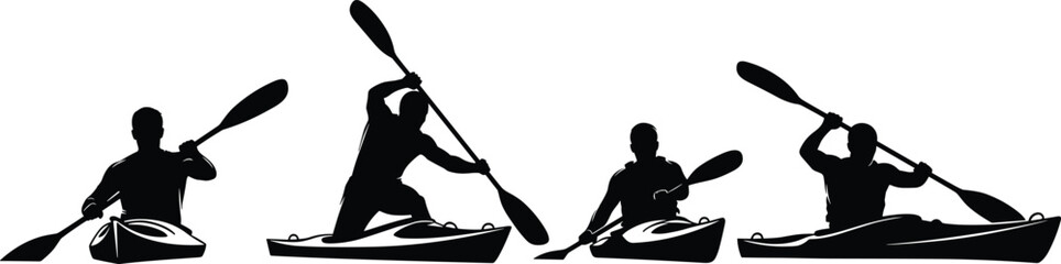 Black silhouette set of professional kayakers paddling in kayaks on white background for outdoor water sports and active summer recreation. © MD