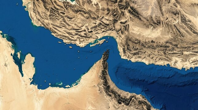 High angle satellite view of the strait of hormuz topography. Concept of strategic chokepoint and global oil supply chain risks for maritime logistics and map 