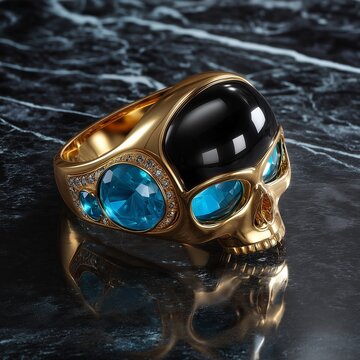 Goldener Totenkopf-Ring mit blauem Edelstein und schwarzem Onyx auf dunklem Marmor