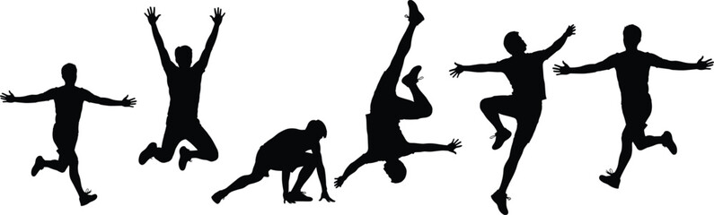 happy jumping people silhouettes set, energetic celebration poses collection, jumping men black silhouettes, freedom success concept, isolated vector action illustration