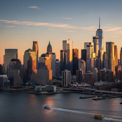 Obraz premium New York City skyline at sunset with boat traffic.