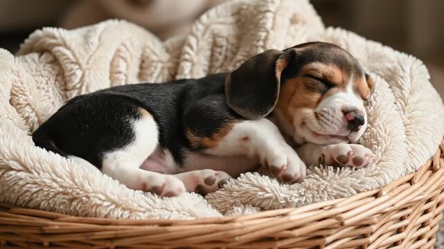 Cute Beagle puppy sleeping soundly in basket