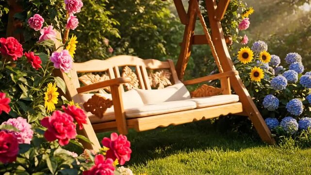 A wooden swing adorned with blooming flowers sits on a lush green lawn.