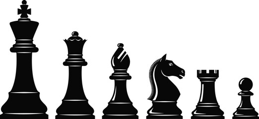 Complete set of black chess piece silhouettes including king queen bishop knight rook and pawn isolated on white background vector © MD