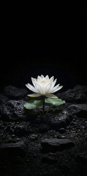 Glowing White Lotus Flower Emerging from Dark Wet Volcanic Rocks