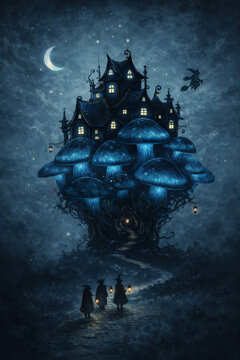 Fantasy Glowing Blue Mushroom House on a Hill at Night with Witches