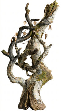Intricate Twisted Driftwood Branch Intertwined with Moss and Vines