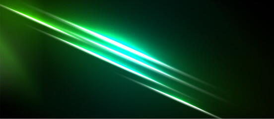 Naklejka premium Dark background features bright green streaks. Lines create dynamic visual effect, suggesting speed, energy, futuristic design. Simple, bold composition.