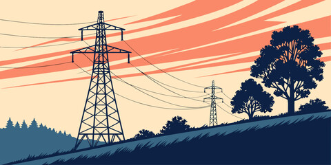 Power lines stretching across a serene sunset landscape with trees © Mamun