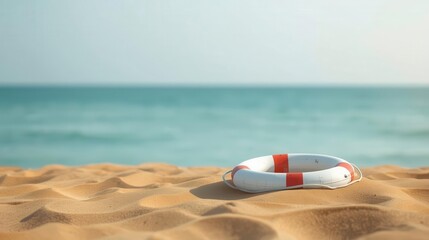 Naklejka premium Lifebuoy on Sandy Beach with Ocean Horizon, Summer Safety and Rescue Concept, Bright Sunlight
