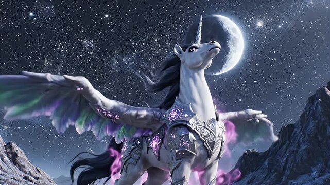 Epic Nighttime Scene of a Winged Unicorn Standing on Purple Mist Above Snowy Peaks Under a Starry Sky and Crescent Moon