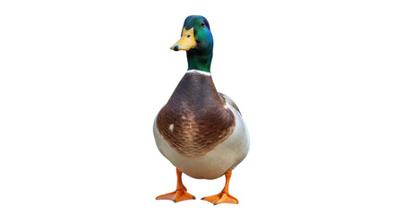 Obraz premium Isolated Mallard Duck Standing Upright Tall, Presenting Beautiful Colorful Plumage Pattern