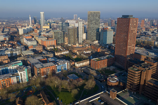 Aerial image of The Mercian and Birmingham Westside skyline at dusk
