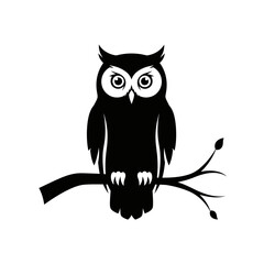 Obraz premium Black silhouette of an owl perched on a tree branch against white background.