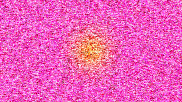 Abstract stereogram optical illusion with dense pink purple noise and central orange yellow area hiding 3D depth perception artwork