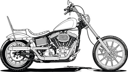 Custom Chopper Motorcycle Vector Illustration with Extended Front Forks Vintage Biker Culture Style Line Art Design on a White Background © MD