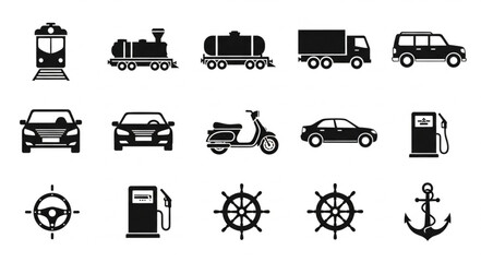 Collection of various transportation icons including train car truck and scooter. © Nenti