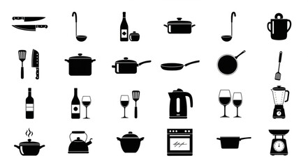 Collection of kitchen utensils and cookware silhouettes for cooking and dining.