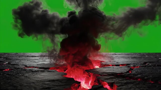 Fiery Lava Eruption With Black Smoke Plume Against Green Screen Background