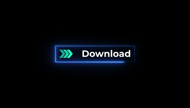 Blue download button animation on black background with arrows pointing right.4k video