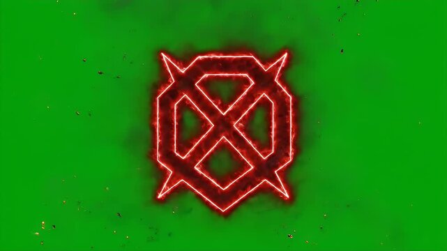 Fiery Red Hexagonal Emblem With Sharp Edges Emerging From Green Screen With Smoke Particles And Flickering Flames 3D Animation Motion Graphics