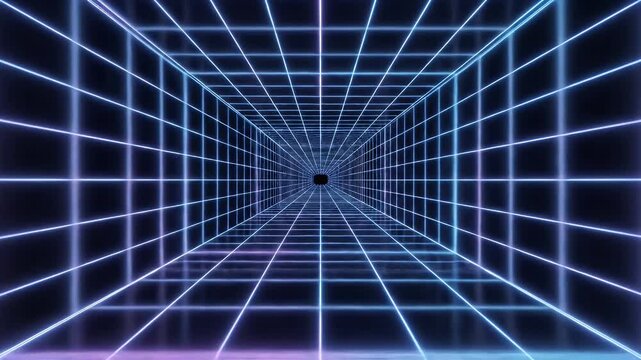 Tunnel with grid of glowing blue lines recedes into dark space