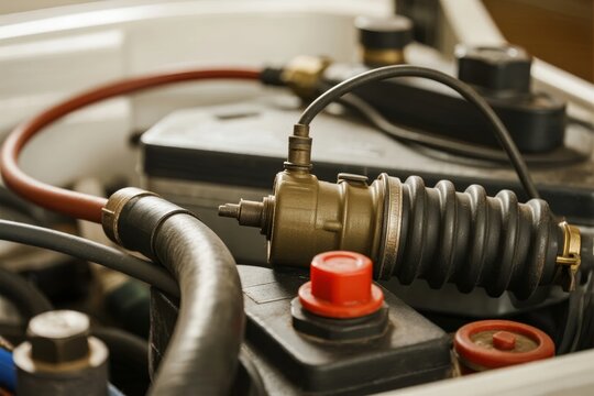 Close-up view of a vehicle's battery and connected hoses, showing electrical components and wiring in an engine compartment